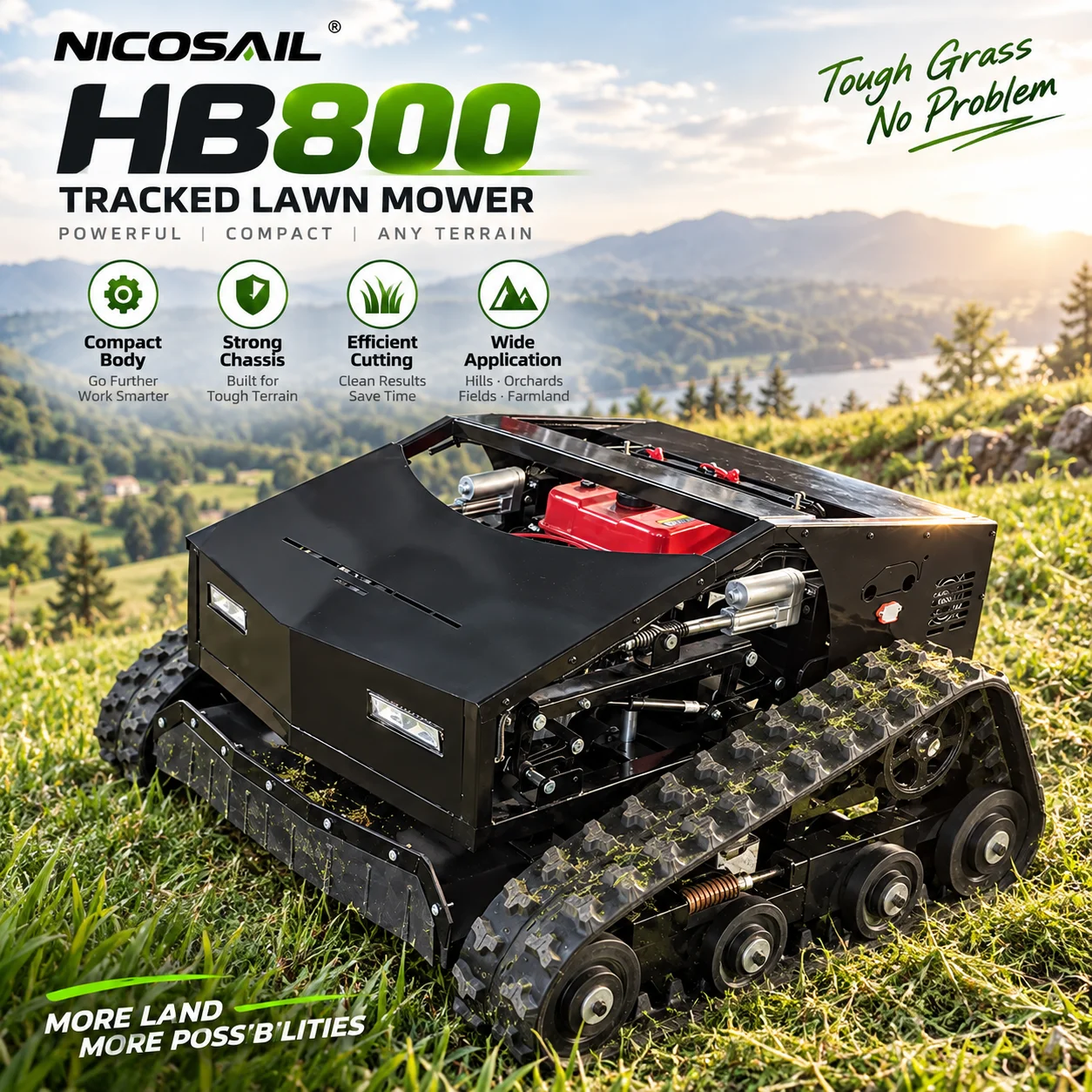 NICOSAIL 800mm Remote Control Brush Mower Heavy Duty Crawler Grass Cutter for Hillside Farm and Orchard