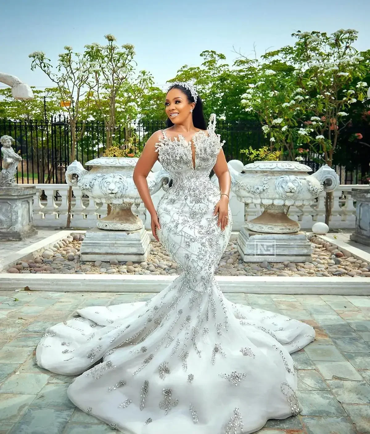 Customized  Trumpet Sparkly Crystals Beads Wedding Dress for Bride Vestidos De Novias Luxury  Bridal Gown with Removable Skirt