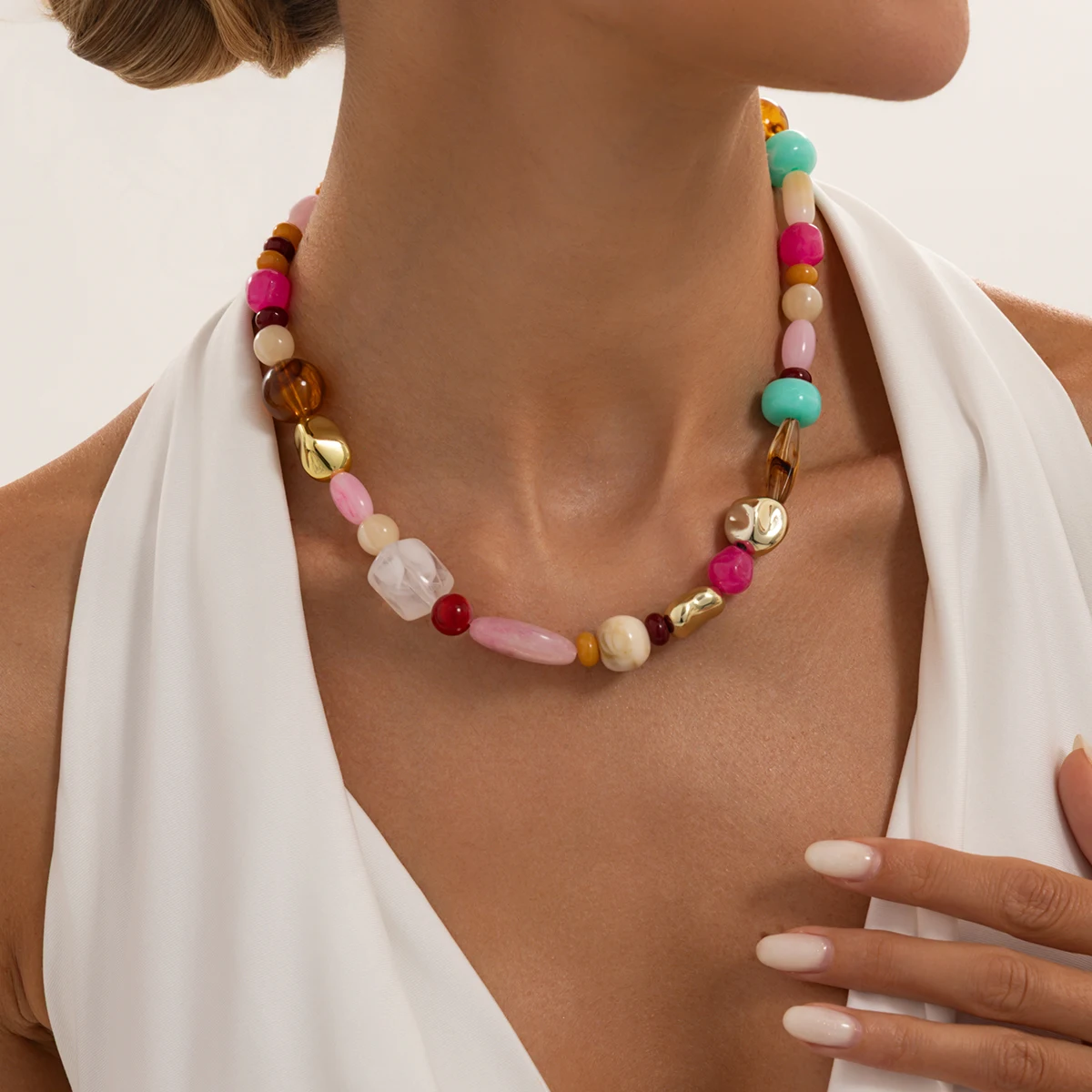 Ingemark Boho Bunte Harz-Acryl-Perlen-Choker-Halskette für Damen, Elegante Verstellbare Schlüsselbein-Kette, Y2K Schmuck-Accessoires – Detail 3