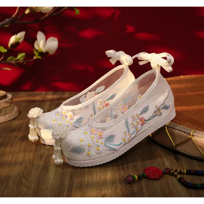 Hanfu meninas dinastia ming pérola streaming bordado flor sola macia sapatos de noiva alta ascensão antigo traje adereços ir;l5