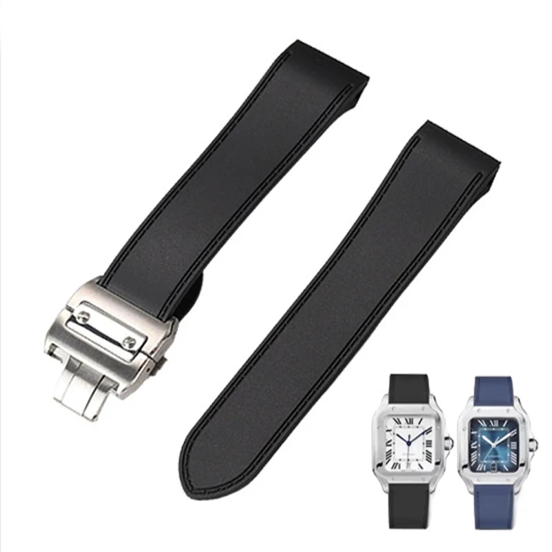 Correa de reloj de goma suave para Cartier Santos 100, correa de silicona para reloj Santos 100, correas de reloj con hebilla de metal de 23 mm y 25 mm