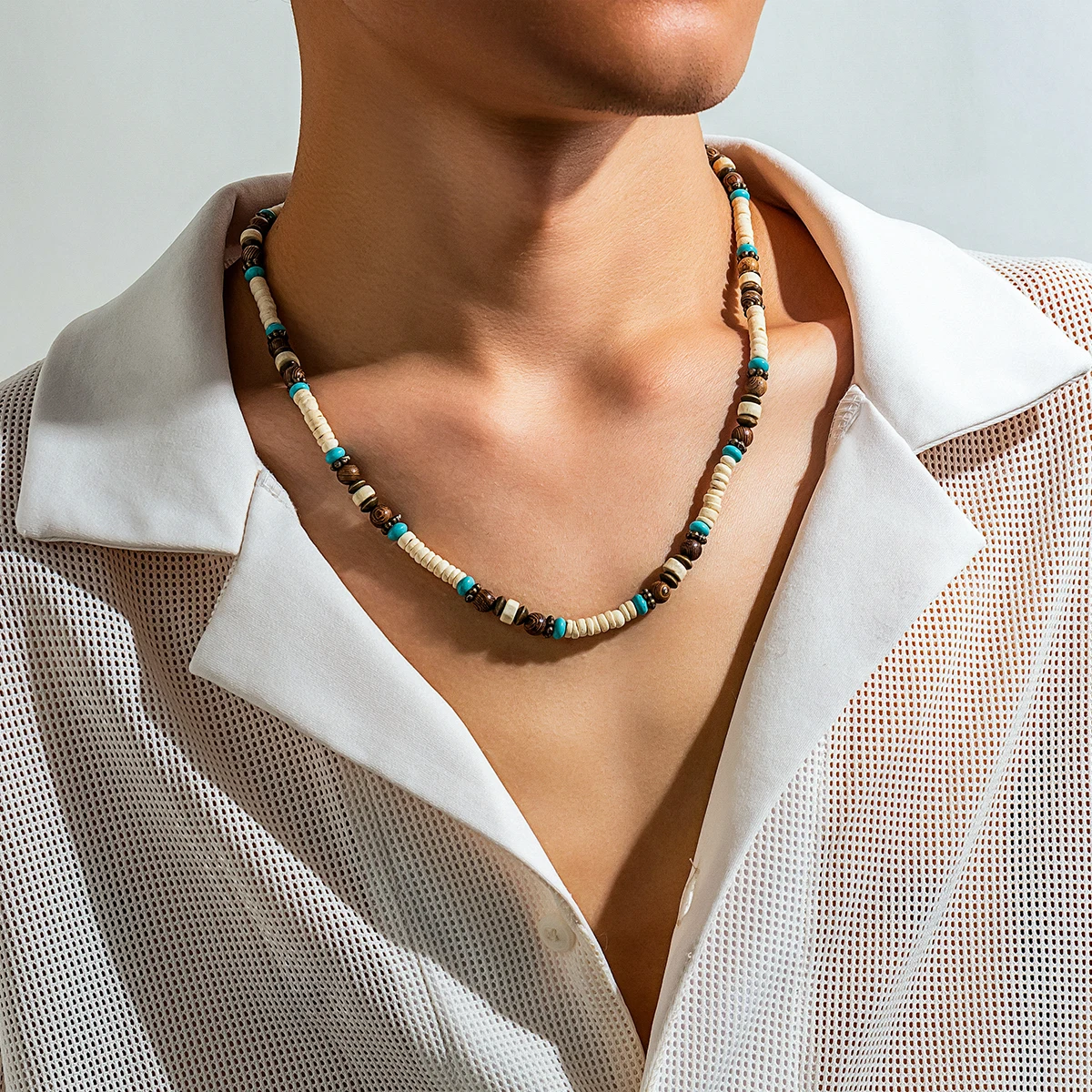 Multi Color Small Wood Beads Chains Necklace for Men Trendy Beaded Collar on Neck Accessories Short Choker 2023 Fashion Jewelry