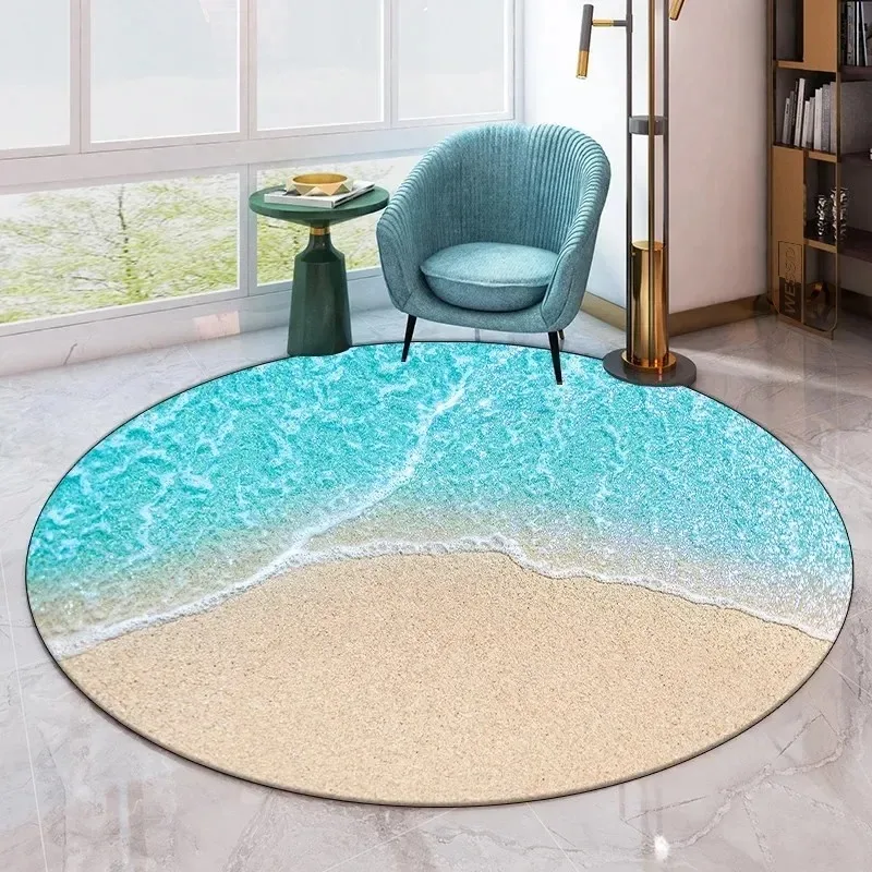 Seaside Beach-Themed Round Rug – Non-Slip Absorbent Floor Mat for Living Room, Bedroom & Bathroom Decor