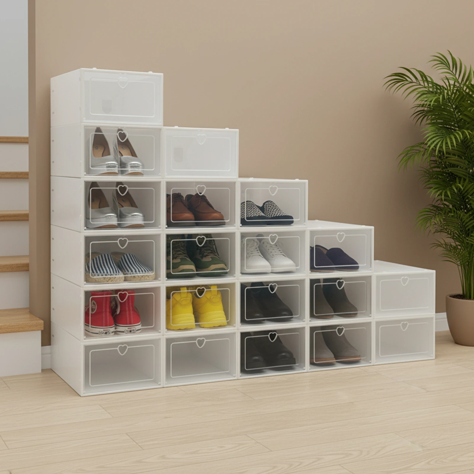 

20 шт., штабелируемые органайзеры для обуви, прозрачный полипропиленовый ящик для хранения, складная ручка в форме сердца, пылезащитный для кроссовок, шкафа, домашней организации