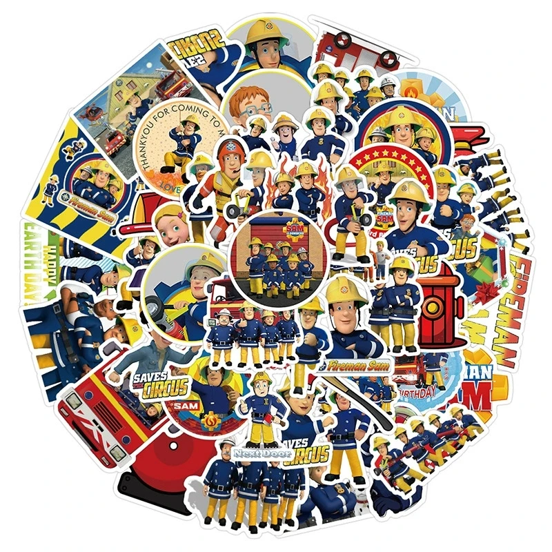 50Pcs Cartoon Fireman Sam Stickers for Kids Child Education Rooms Home Decor Diary Notebook Label Toy Truck Fireman Sticker