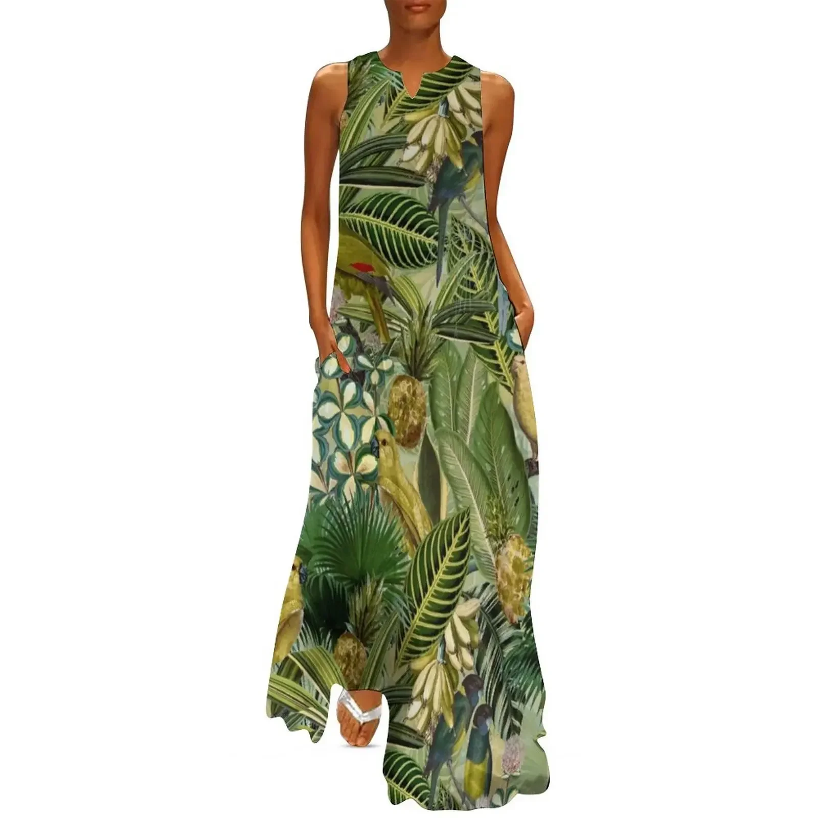 

Vintage Green Tropical Bird Jungle Botanical Night Garden Nightgarden Long Dress beach outfits for women Dress