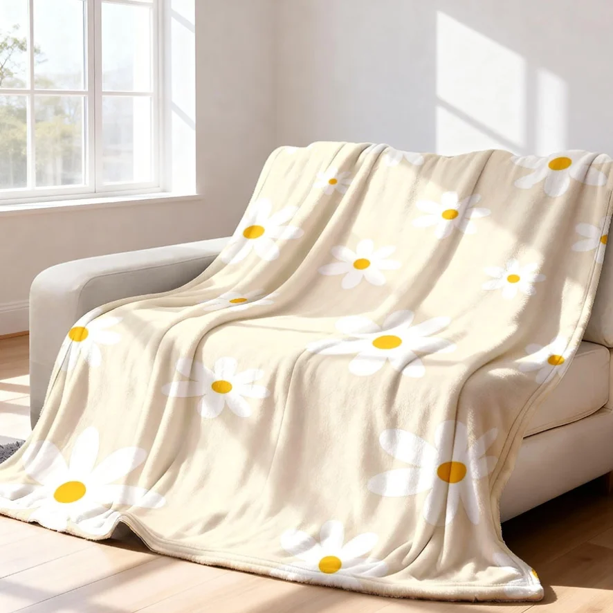 Fresh Multi-size Daisy Flower Simple Botanical Art Pattern Soft Blanket Fit Living Room Bed Travel Multi-scene Home Daily Use