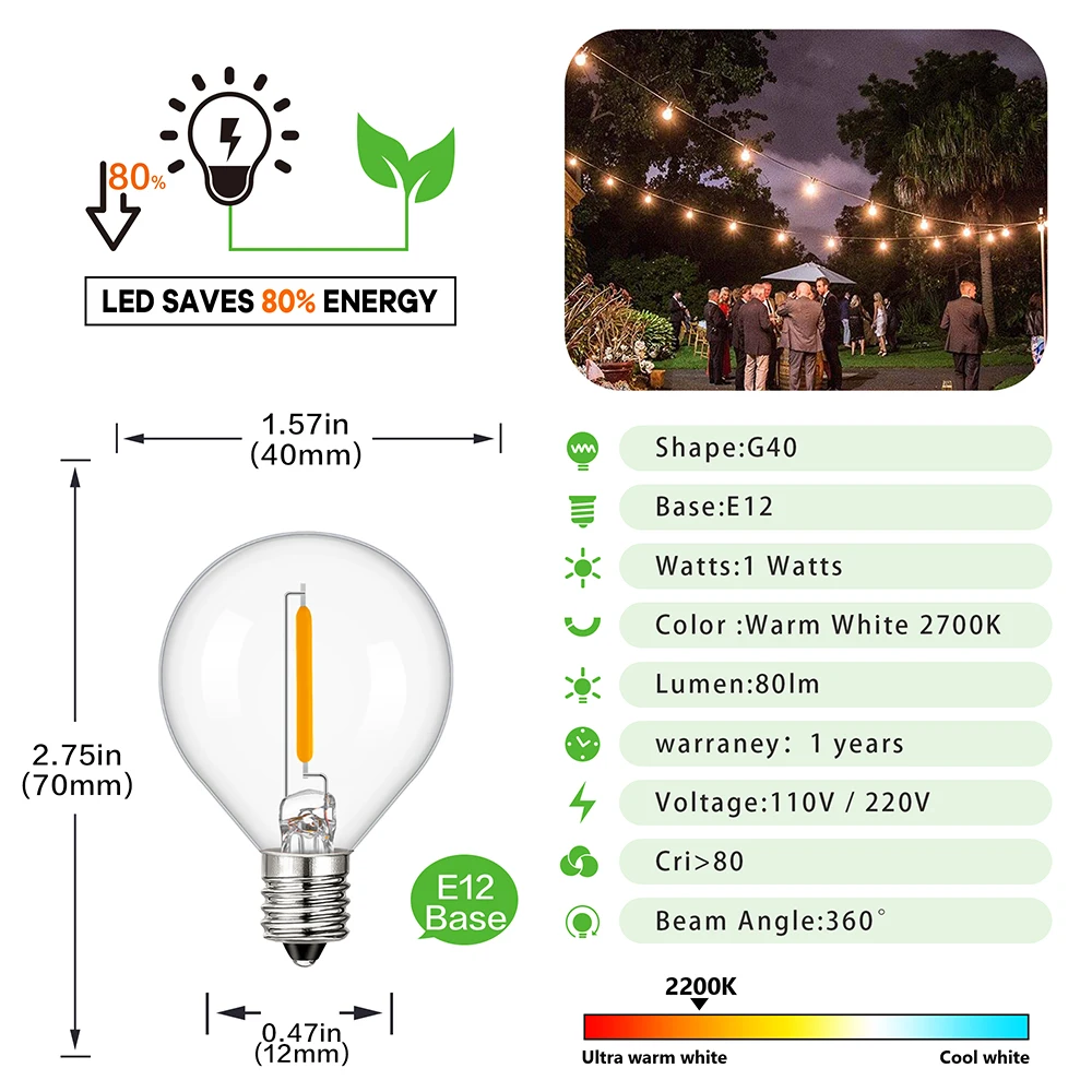 レトロなLED電球,調光可能なレトロランプ110v,220v,g40,1w,2200k,10w,ひもライト,家の装飾