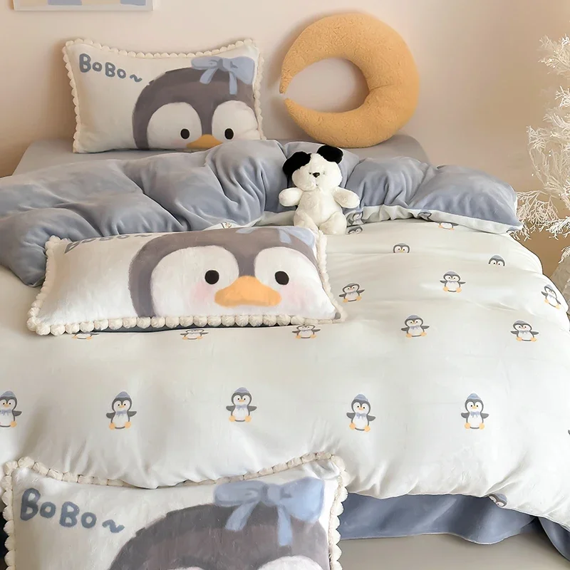 Winter Thicken Cartoon Children's Milk Velvet Four Piece Set Soft Comfortable Plush Bed Sheets Duvet Covers Warm Four Piece Sets