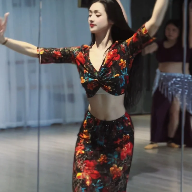 

New BellyDance Practice Clothing Women Advanced Printed Performance Set Adult Female Oriental Dance Training Costume Suit