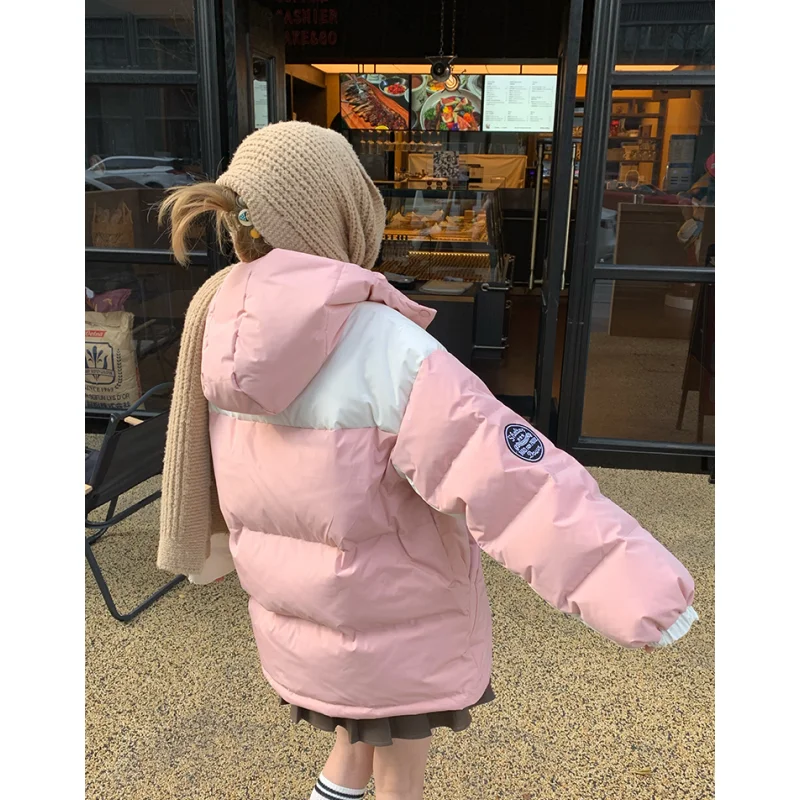 Pink Down Jacket Women Coat Green Hooded Fashion American Streetwear Y2K Style Duck Down Feather Female Winter Short Outwear