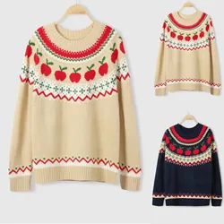 New Christmas Knitted Sweater For Women Apple And Geometric Pattern Jacquard Fashion Casual Round Neck Knitting Tops 2024