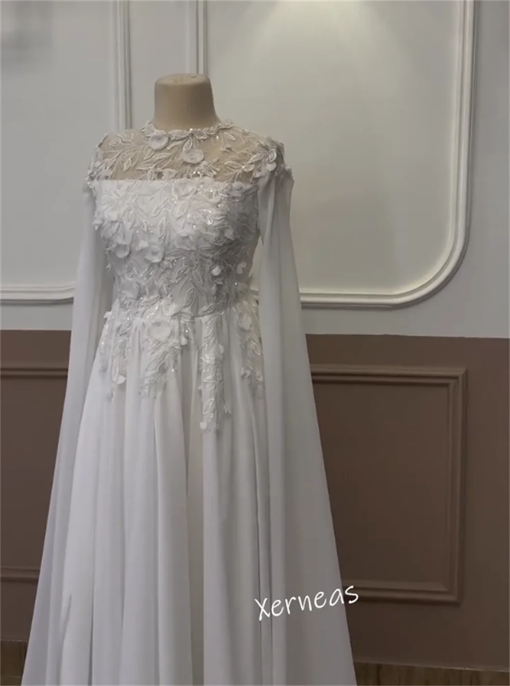 ที่กําหนดเองชีฟองประดับด้วยเลื่อมO-คอA-LineชุดยาวBespokeโอกาสGorgeous Elegantชุดแต่งงานคุณภาพสูง
