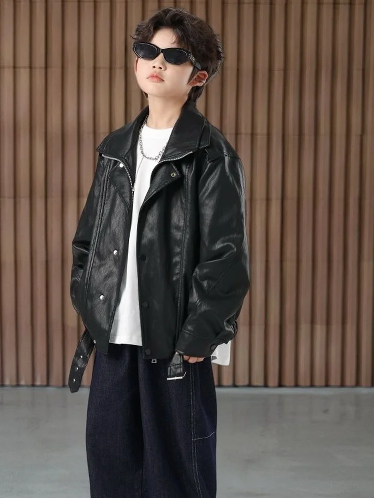 High Quality Children's Clothing Boys Pu Leather Jacket Spring Autumn Motorcycle Style Jacket, Fashion Teen Black Jacket 3-15Yrs