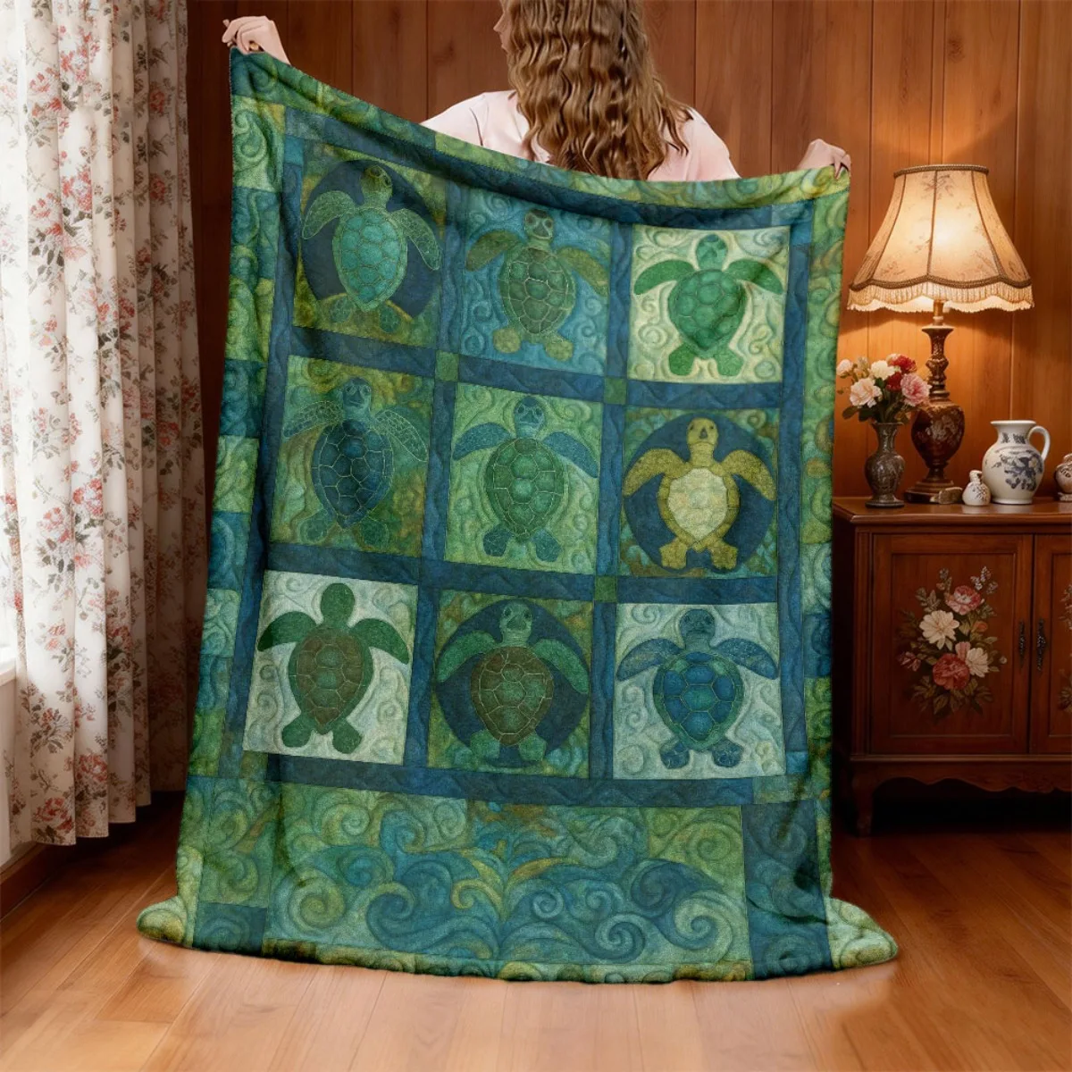 1pc Cozy Sea Turtle Patchwork Flannel Blanket Soft, Warm And Vibrant with Unique Blue, Green, Yellow And White Quilted Design Pe