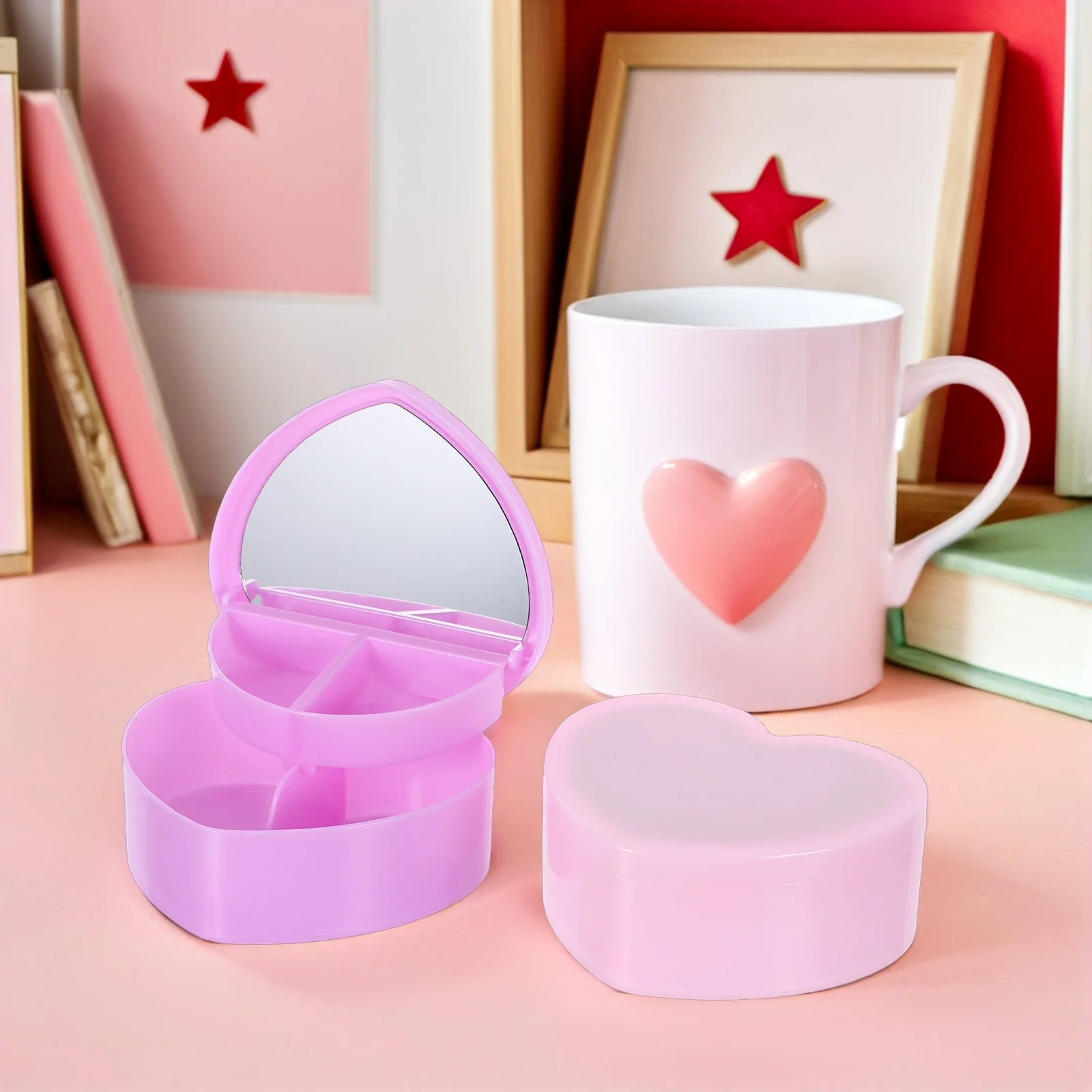 

2Pcs Heart Shaped Jewelry Box Lid Mirror Double Layer Storage Organizer Hair Accessories Mini Jewelry Box with Mirror