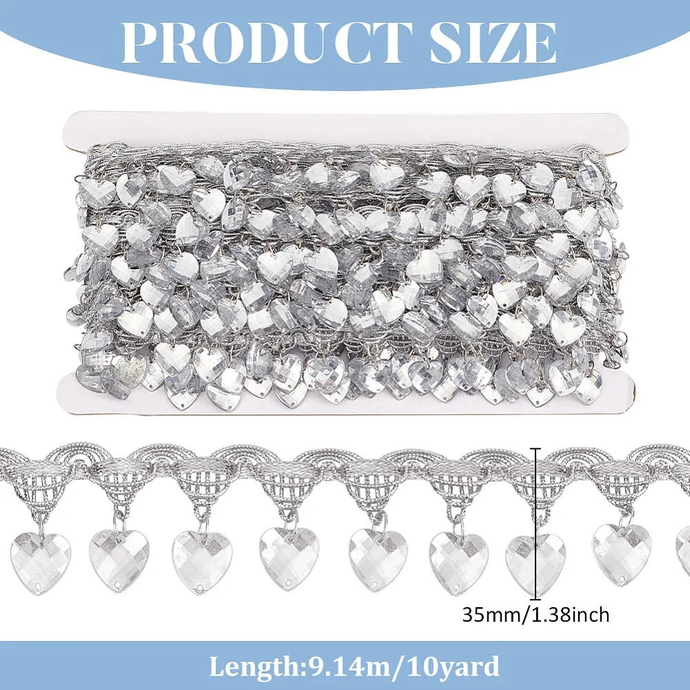 Polyester Lace Ribbon with Plastic Charms Tassel Wave Edge Lace Trim Clothes Accessories Silver Heart 1-3/8 inch(35mm)