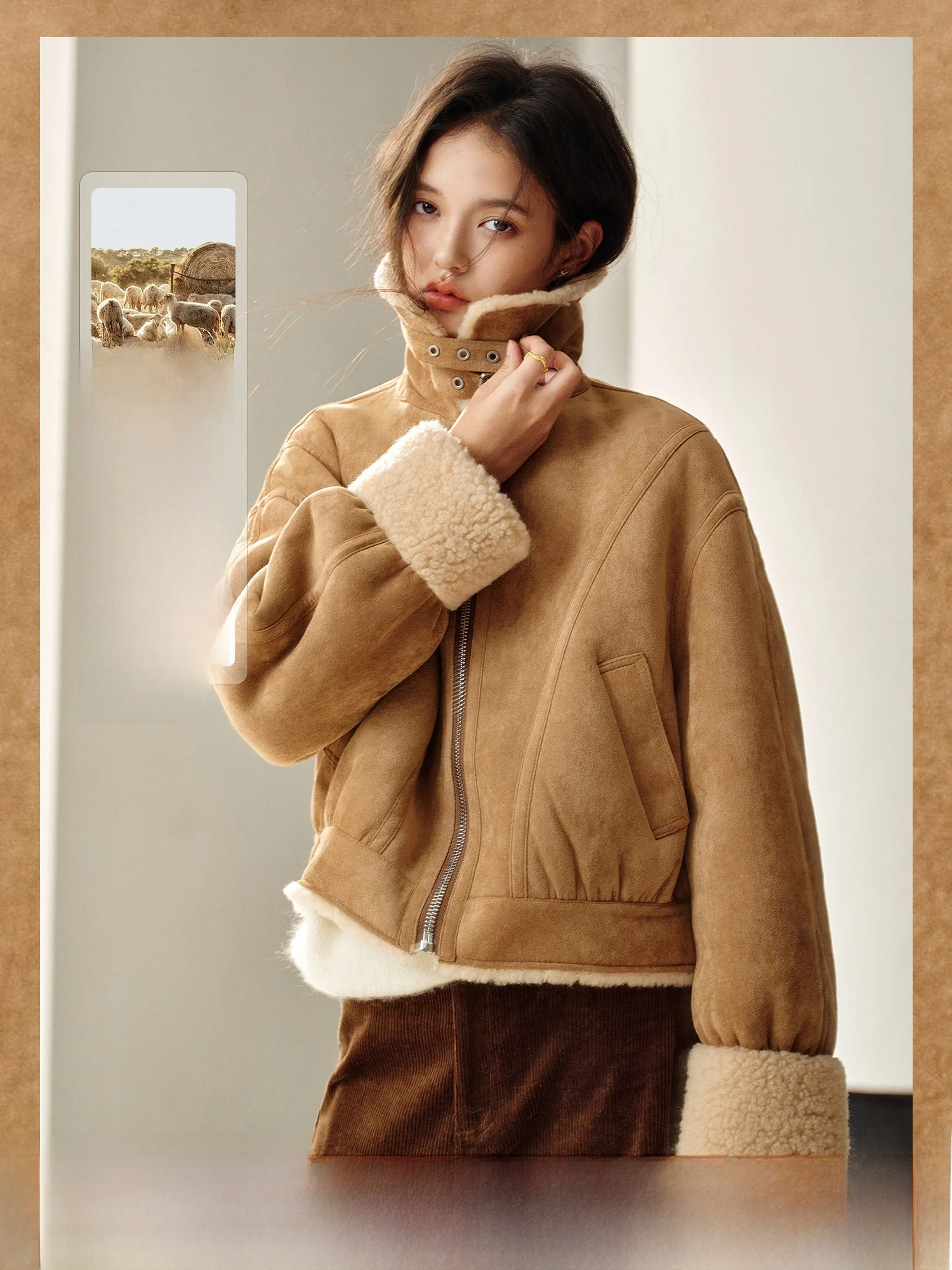 

Warmth Woolen Foggy Suede Jaet Autumn Winter Outerwear Cozy Lamb Fur Collar Zipper Closure Long Sve Loose Fit Women's Coat