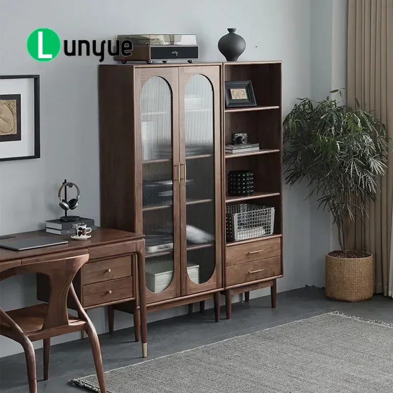 Nordic Solid Wood Bookcase Japanese Black Walnut Glass Door Modern Simple Display Cabinet Living Room Storage Furniture