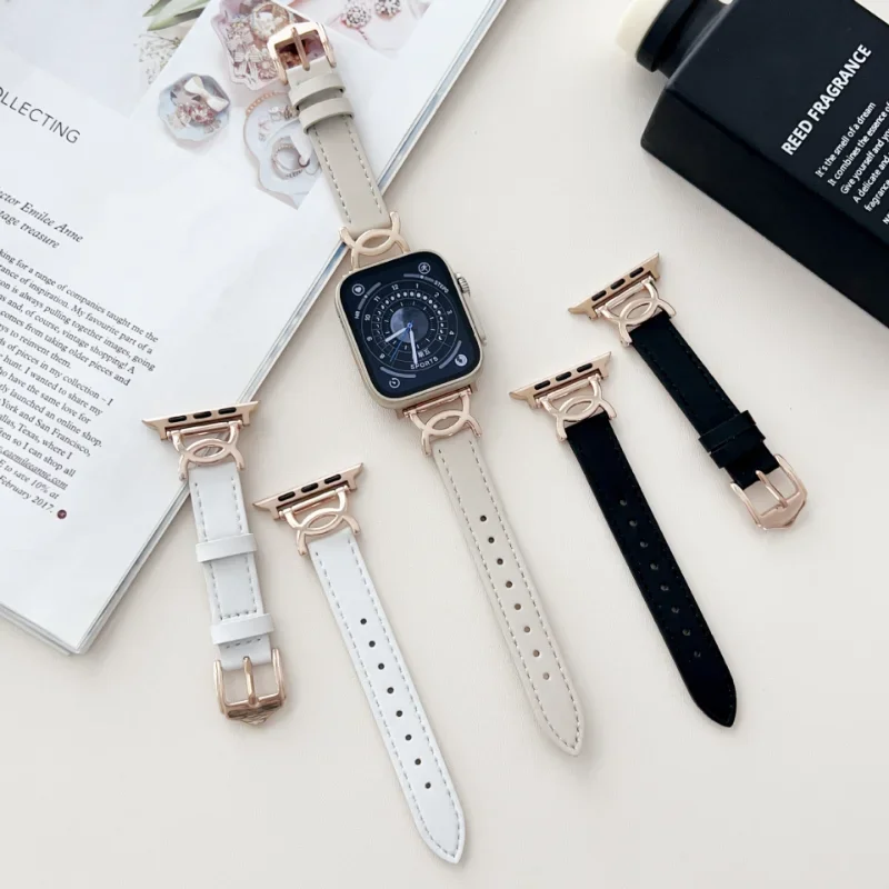 Small Waist D Shape Leather Strap For Apple Watch 41mm 45 44 40 42 38 49 ultra Correa Band For iWatch Series 8 7 SE 6 5 4