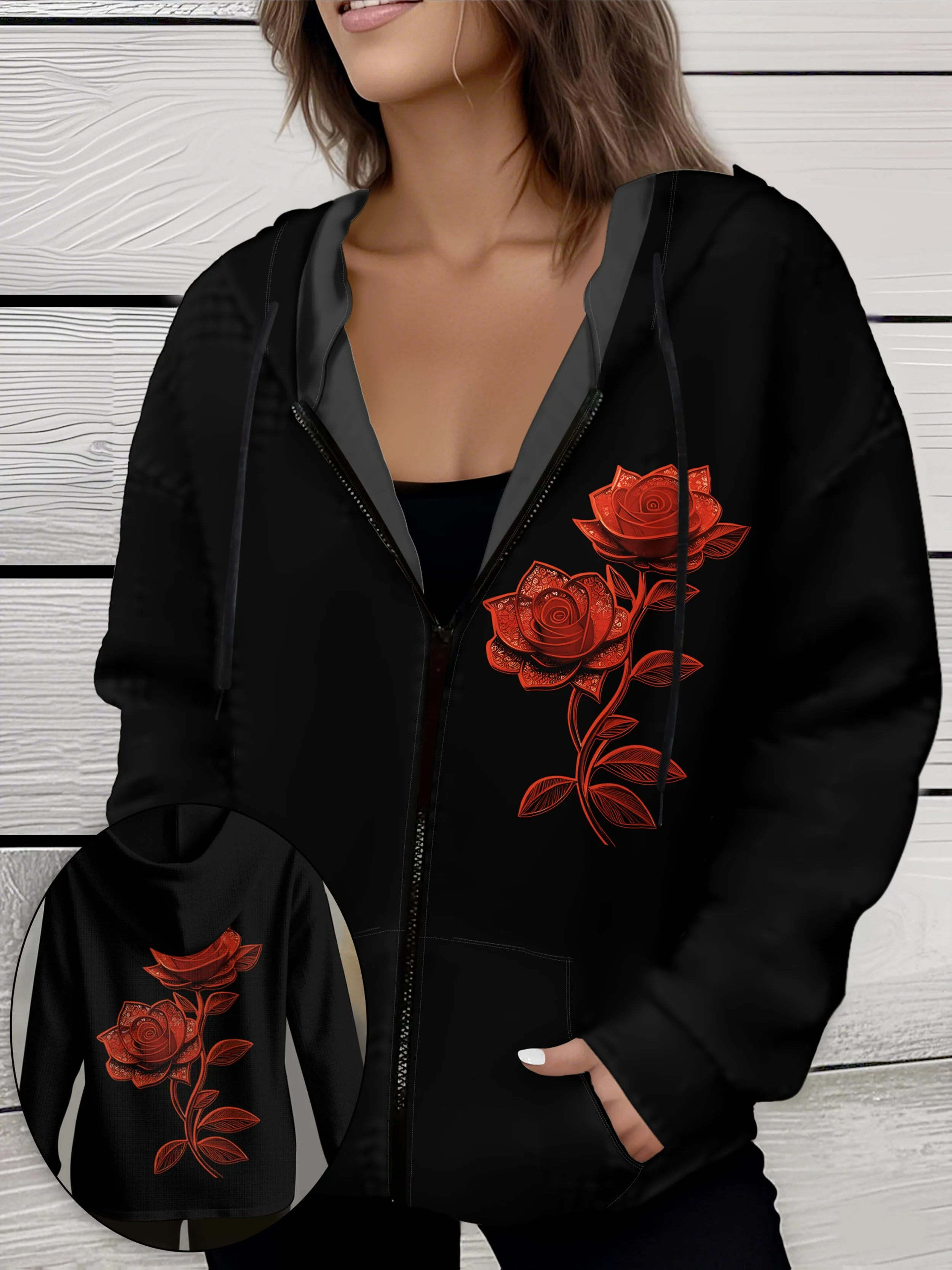 

Printed Designcasual style Red Rose Floral Design Print hooded jacket