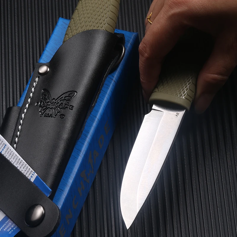 The straight blade CPM-3V blade, OD green Santoprene handle, black leather sheath is suitable for outdoor household use