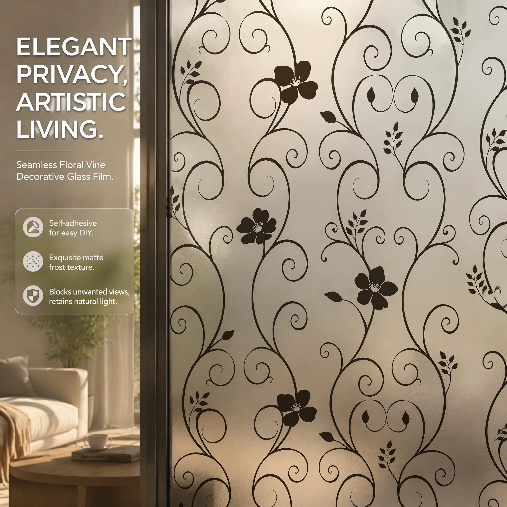 Elegant Retro Privacy Window Film Curly Vine Flower Design with Built-in Adhesive Soft Light Filter Cuttable PVC for Home Decor