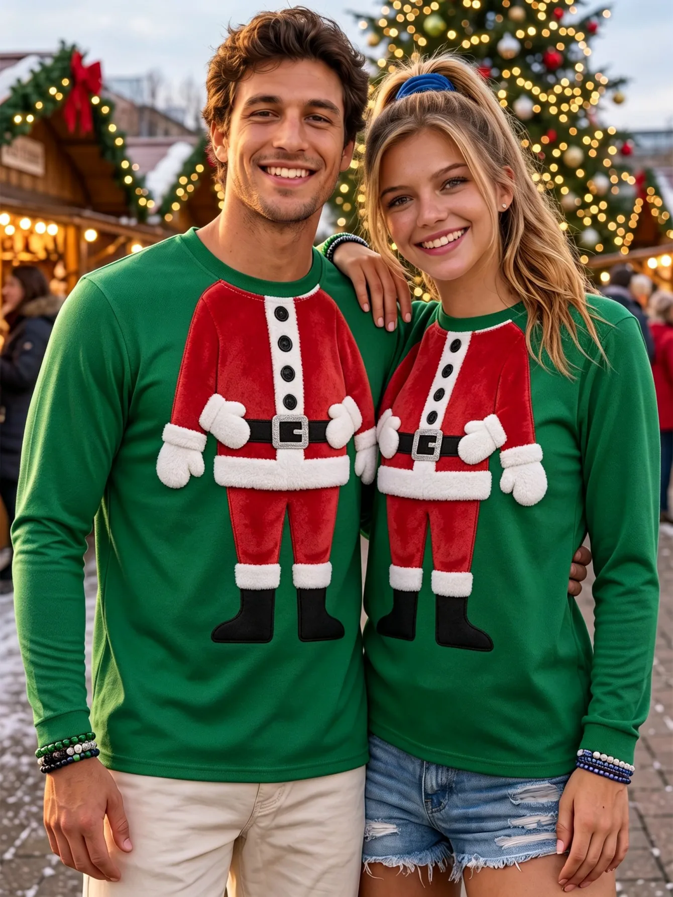 Unisex Couple Long Sleeve Ugly Christmas Tshirts Classic 3D Print Green Round Neck Santa Pattern Holiday Casual Top Men Clothing