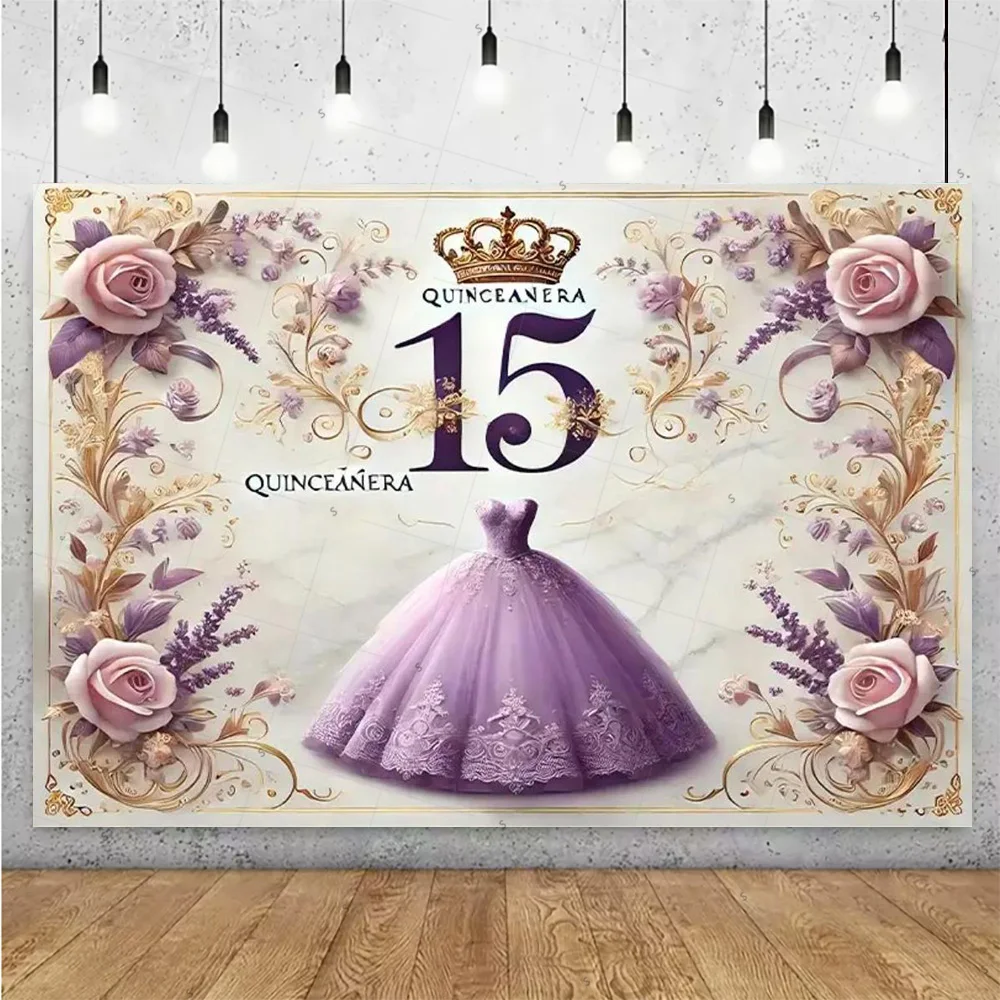 อุปกรณ์ตกแต่งงานวันเกิดเจ้าหญิงอายุ 15 ปี ชุดเดรสเด็กผู้หญิง ฉากหลัง มงกุฎกลิตเตอร์ พื้นหลังดอกไม้ อุปกรณ์ประกอบฉากถ่ายภาพ