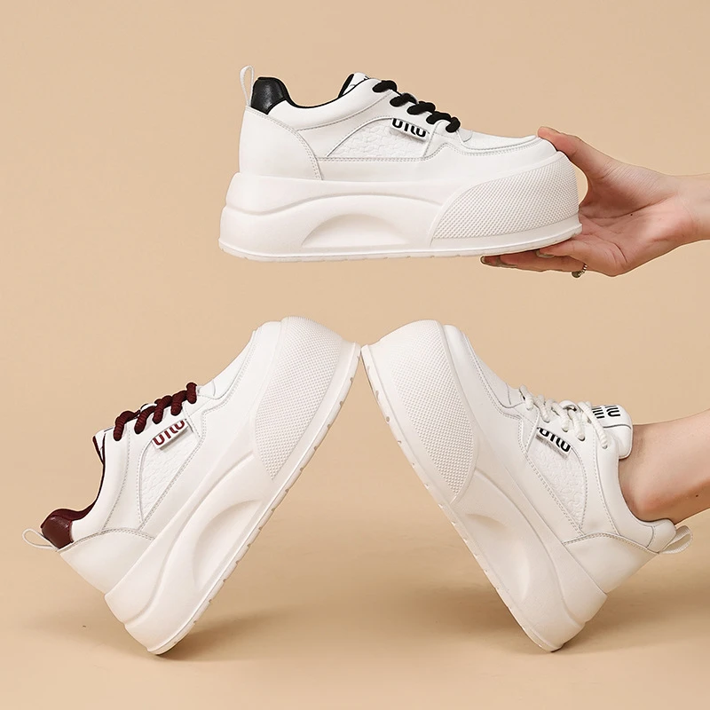 

Womens White Platform Sneakers With Colorful Accent Hidden Heel Casual Low Top Lace Up Shoes For Daily Street Simple Fashion