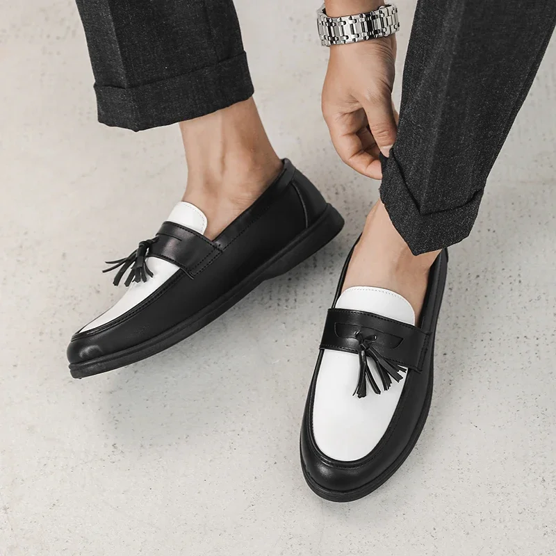 

Men's Korean Style Casual Leather Shoes Business Casual Pointed Toe Thick Soled Inner Height-increasing Sneakers Black White