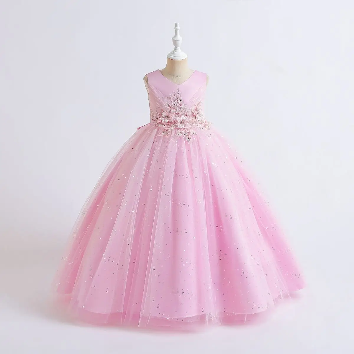 

ELBCOS 14Y Girls V-Neck Sleeveless Embroidered Bead String Flower Waist Bow Belt Sequin Lace Solid Skirt Costumes Full Dress