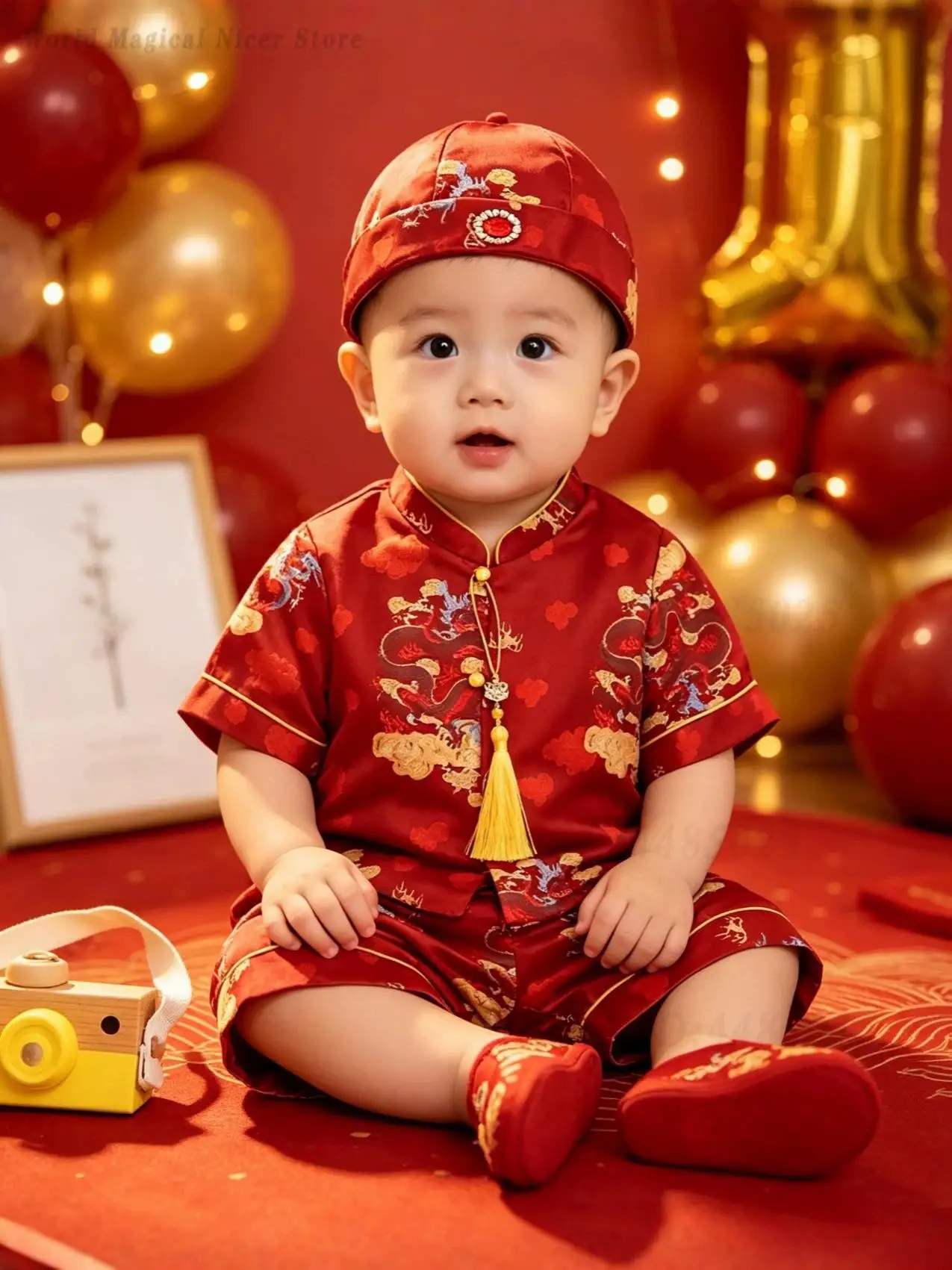 Baby Boys Red Chinese Style Hanfu Tang Suit, Traditional 1St Birthday Costume, Zhuazhou Ceremony Festive Outfit for Toddler Boys