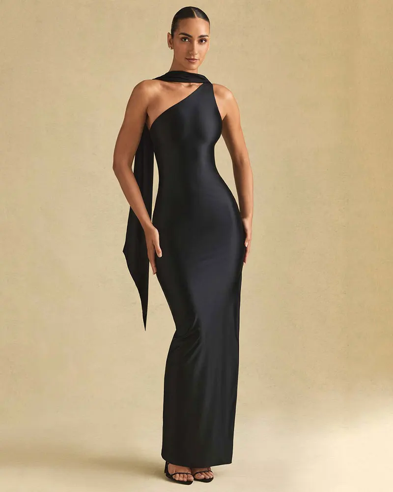 

2025 Fashionable Elegant Elastic Satin Maxi Dress One Shoulder Slim Summer Sexy Bodycon Women's Club Party Evening Long Dress