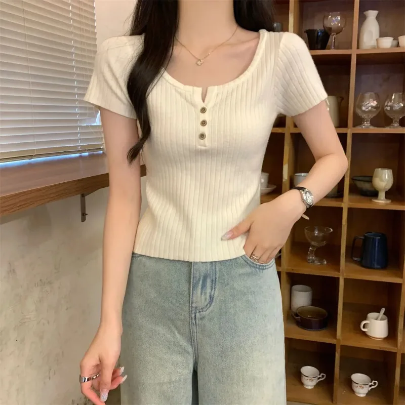 Women French Button Notch Collar Ribbed Knit Tee Slim Short Sleeve Summer Basic Top