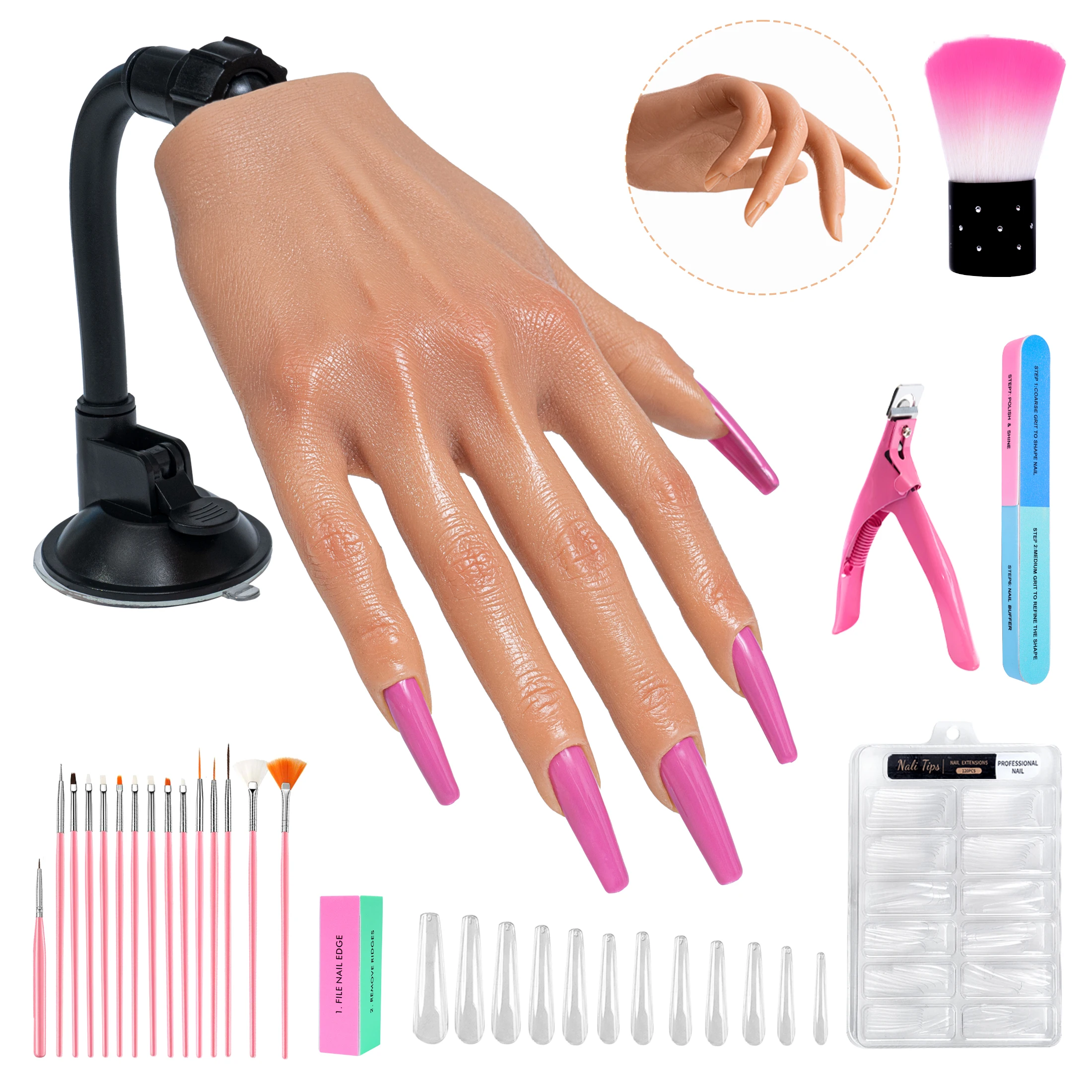 veikmv-アクリルネイル練習用ハンド、リアルで柔軟なシリコンハンド、ツール付きの完全スターターキット