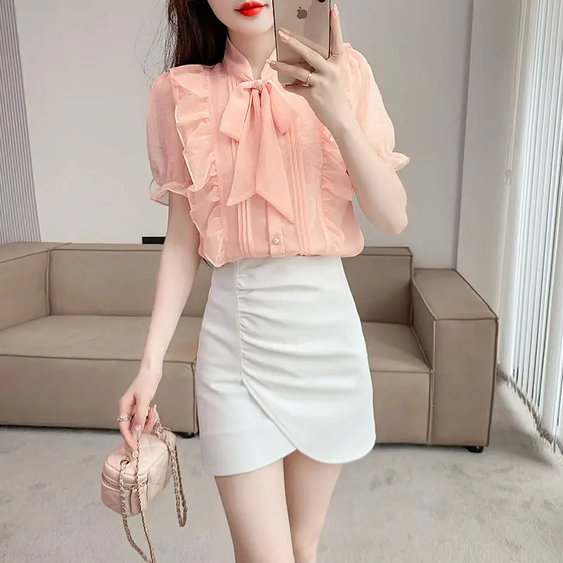 French Ruffled Edge Age Reducing Loose Chiffon Shirt for Women in Spring Autumn Sweet Butterfly Bow Versatile Long Sleeved Top