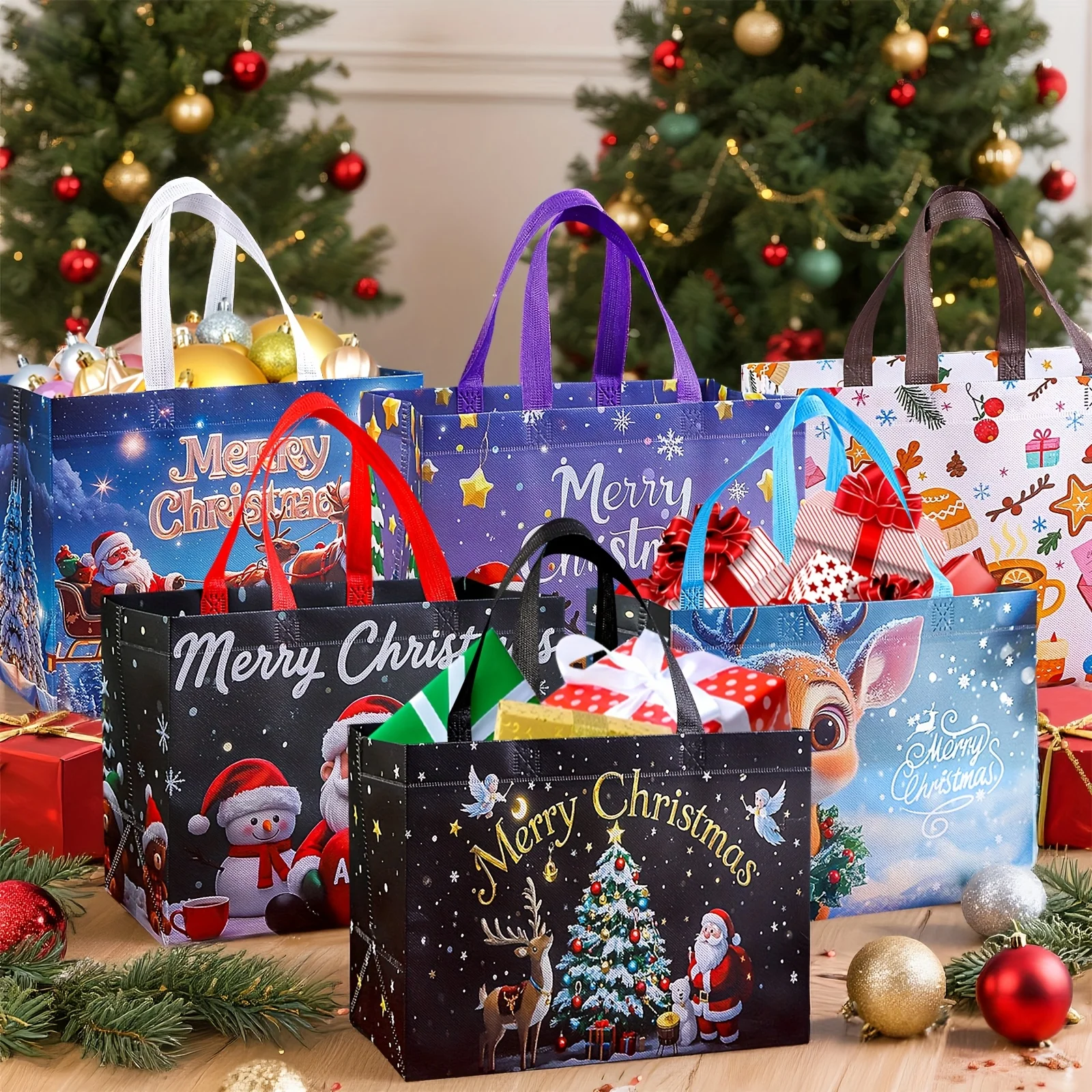 16 große Weihnachtsgeschenktüten mit Griffen, wiederverwendbar, Weihnachtsmann, Schneemann, Weihnachtsbaum-Designs – für Urlaubsangeln, Weihnachtsfeiern – Detail 3