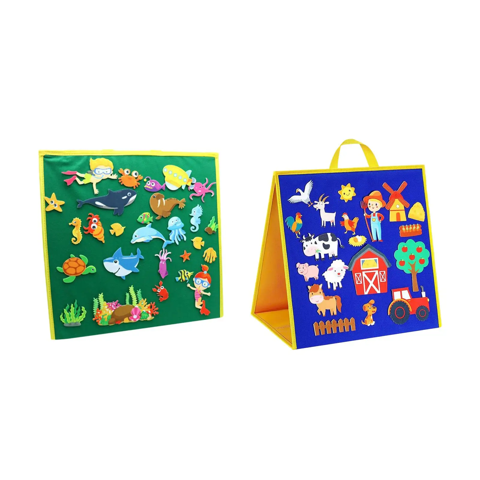 Kids Felt Flannel Board with Animals Foldable Quiet Book for Preschool Teaching Activities Double Sided Freestanding Board for