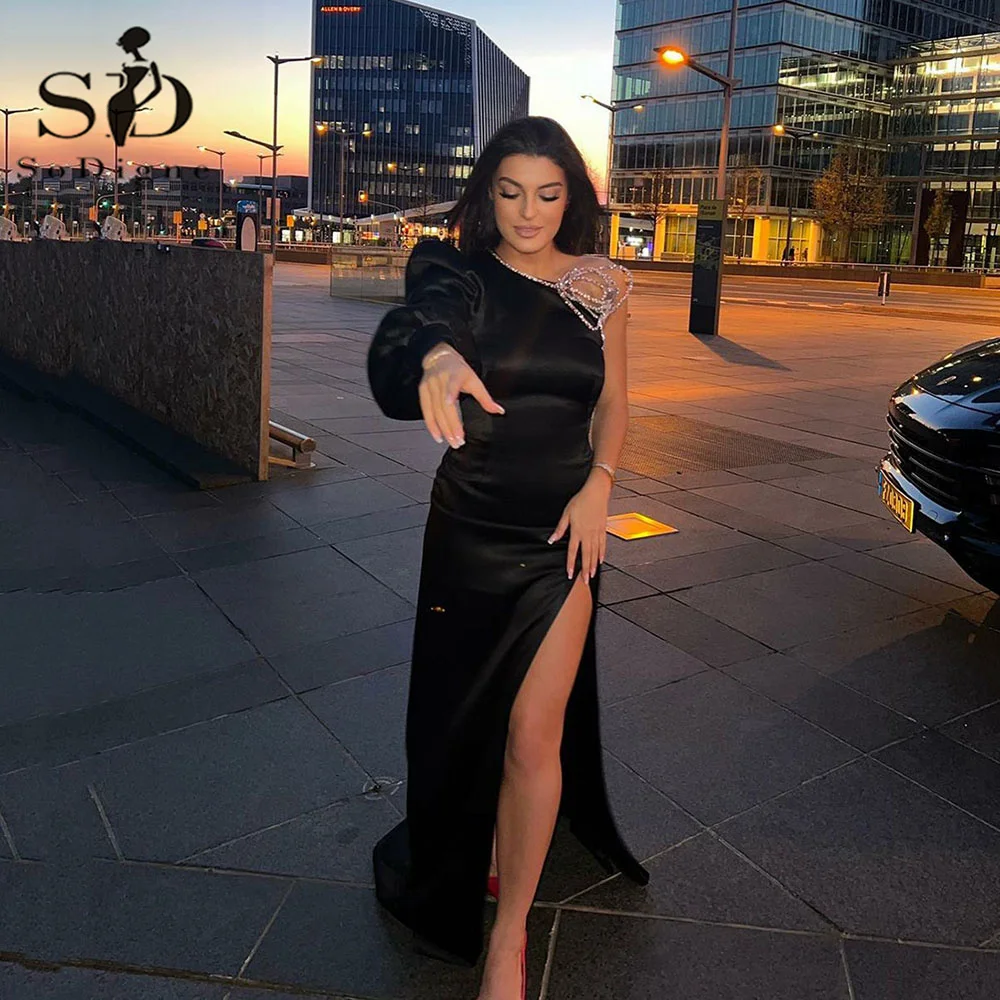 

SoDigne Elegant Black Mermaid Evening Dresses One Shoulder Side Slit Beaded Elastic Satin Prom Dress Arabia Beach Party Gowns