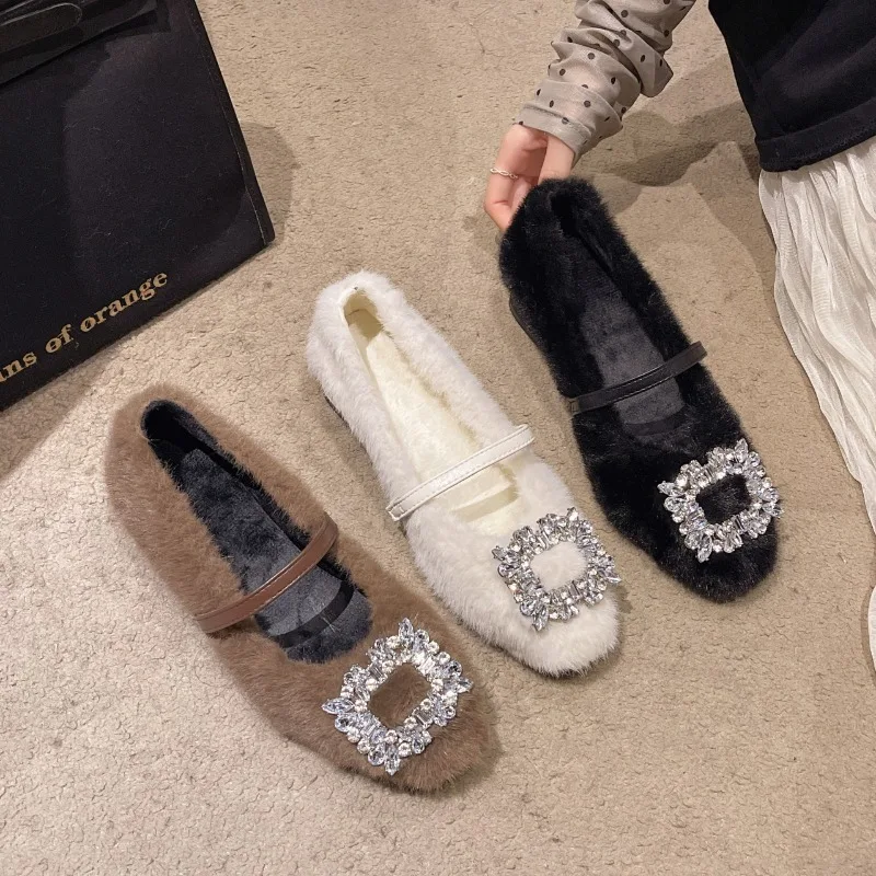 

French Grey Block Heel High-Heeled Square Toe Rhinestone Woollen Fall/Winter Fleece Mary Jane Shoes for Women