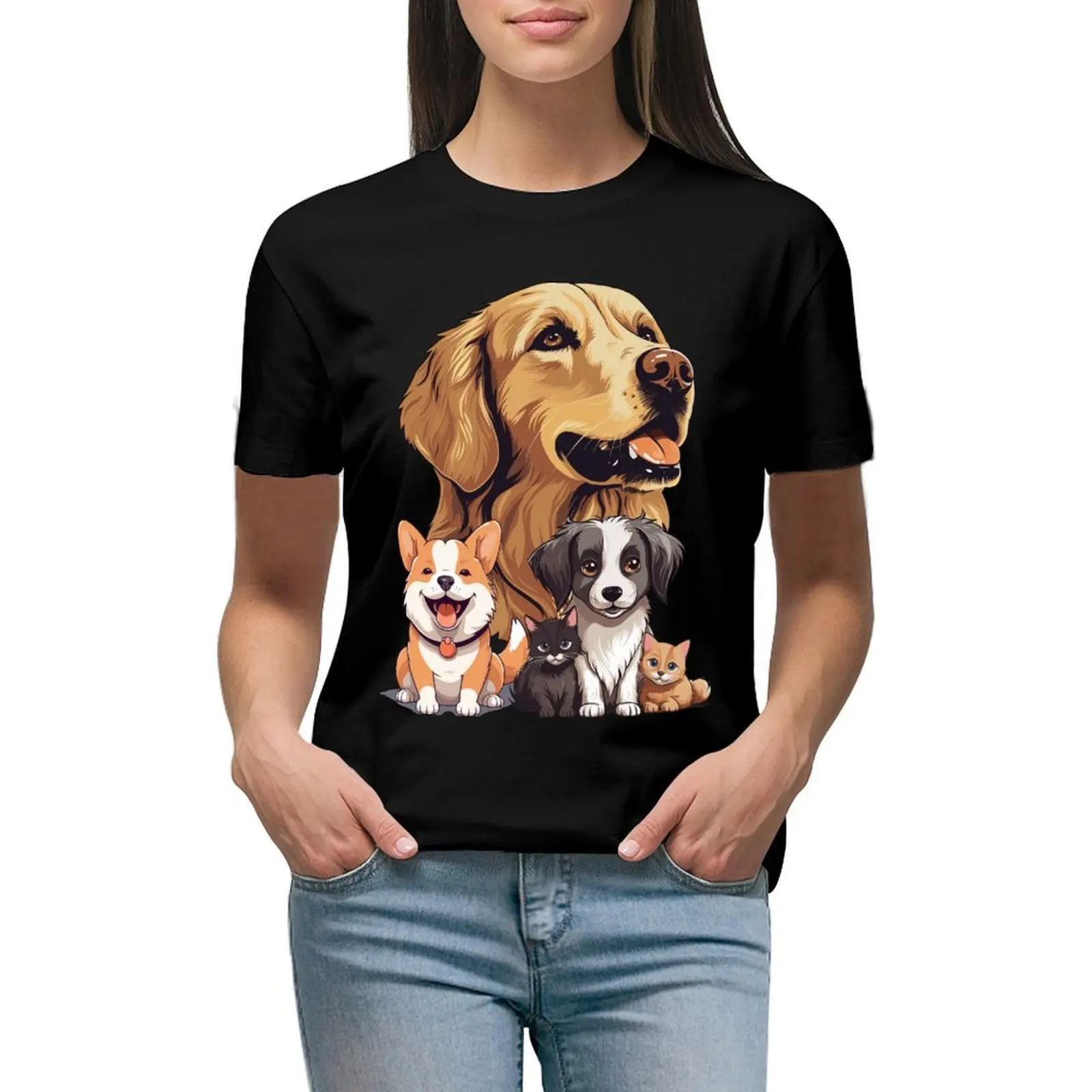 

Dogs and cats T-shirt vintage clothes oversized animal print shirt for girls Women clothing