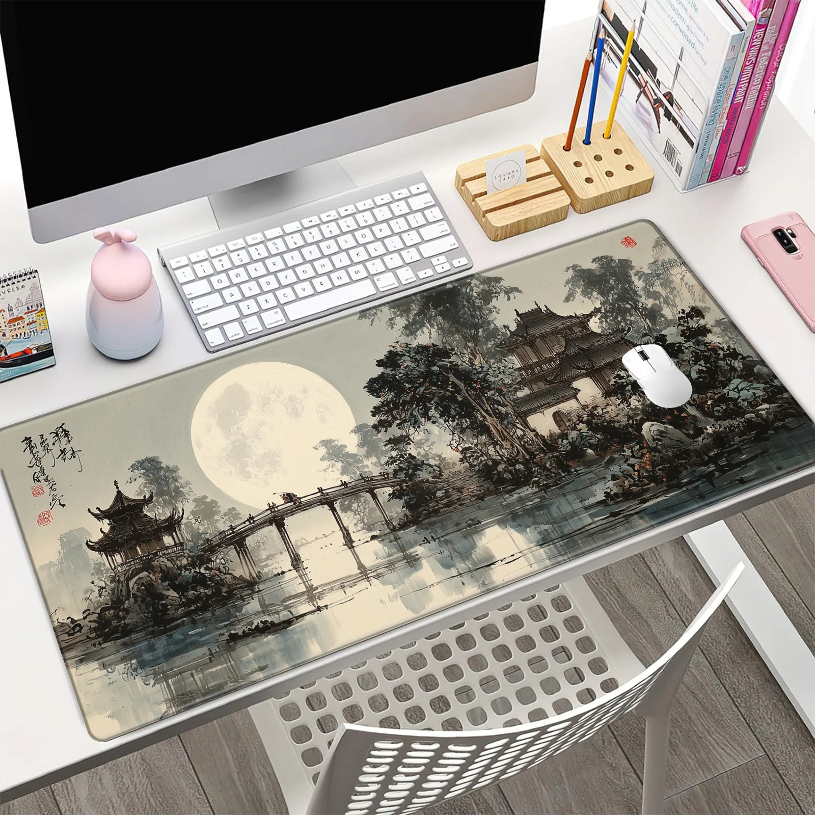 

Полная луна, пагода и речная сцена, большой коврик для мыши, настольный коврик, нескользящий офисный коврик с прошитыми краями, игровой коврик, компьютерные коврики для мыши