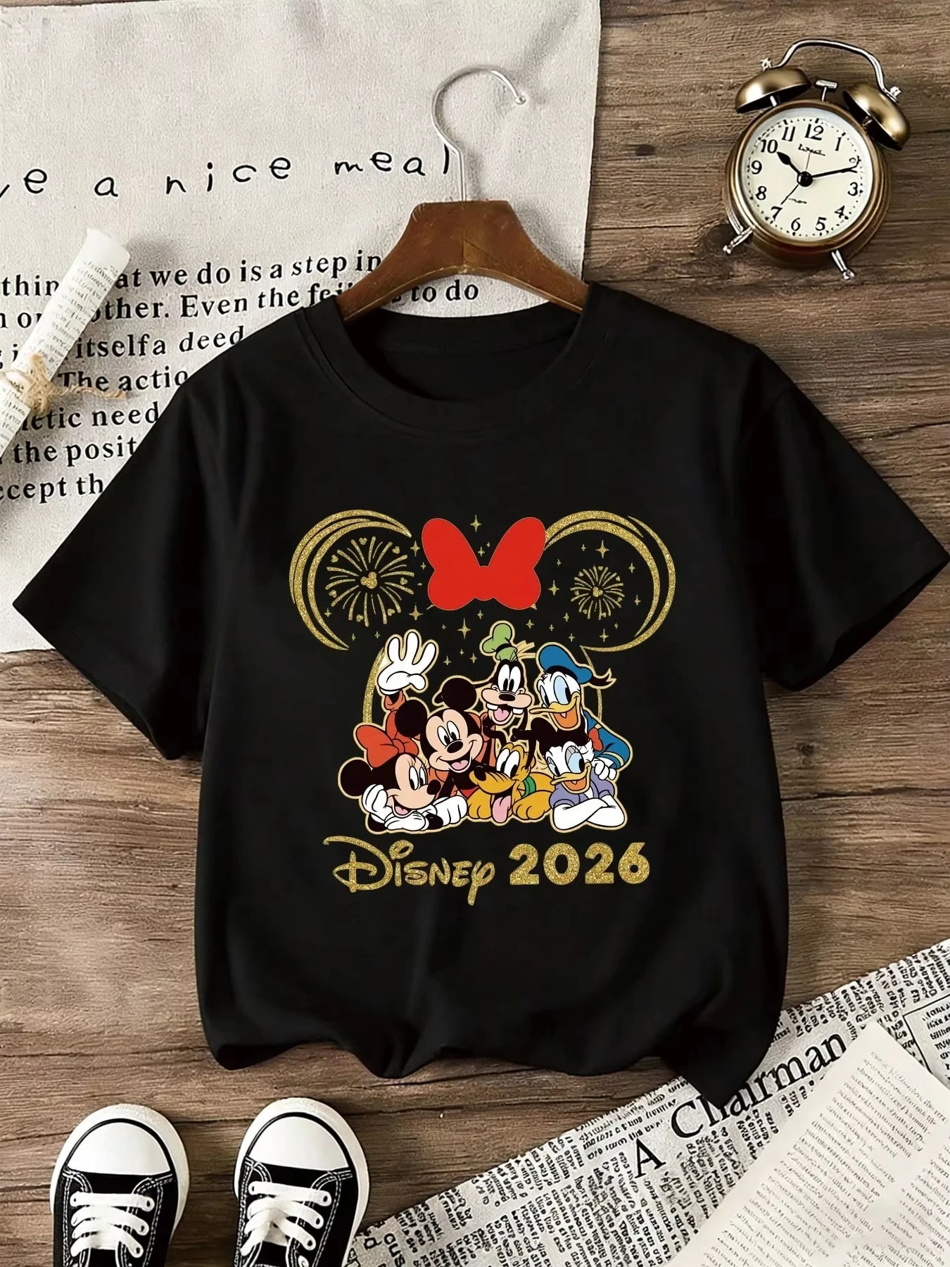

Футболка с принтом Disney Ears 2026 с изображением Микки и Минни, летняя повседневная хлопковая футболка с круглым вырезом и короткими рукавами для девочек, подходит для ежедневных прогулок