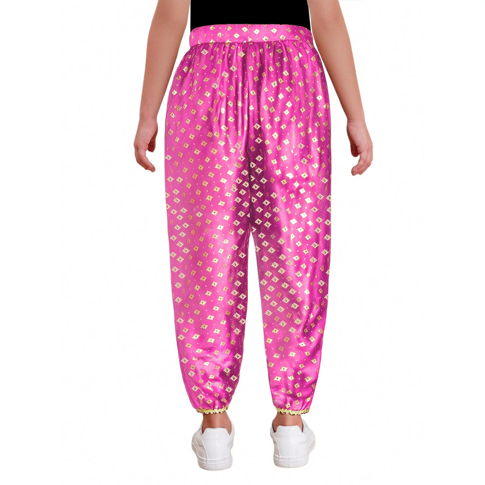 Детский индийский костюм для девочек, платье Dhoti с золотой отделкой, атласные брюки с металлическим цветочным принтом для тематической вечеринки, Хэллоуина, карнавала, вечеринки