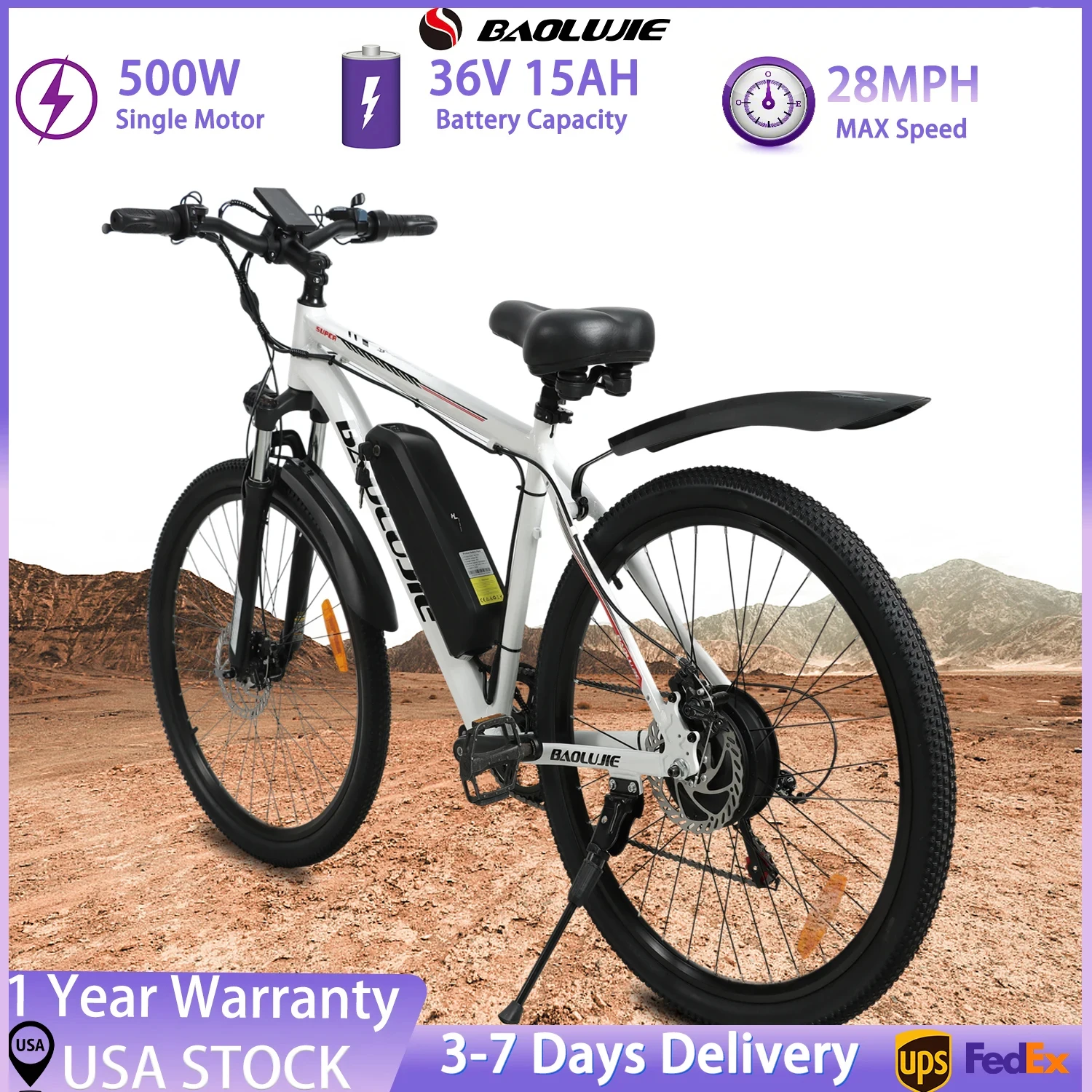 

Электрический велосипед BAOLUJIE S1, электрический велосипед для взрослых, 500 Вт, 36 В, 15 Ач, электронный велосипед, 26 дюймов, электрический велосипед для бездорожья, 28 миль в час, гарантия 1 год】