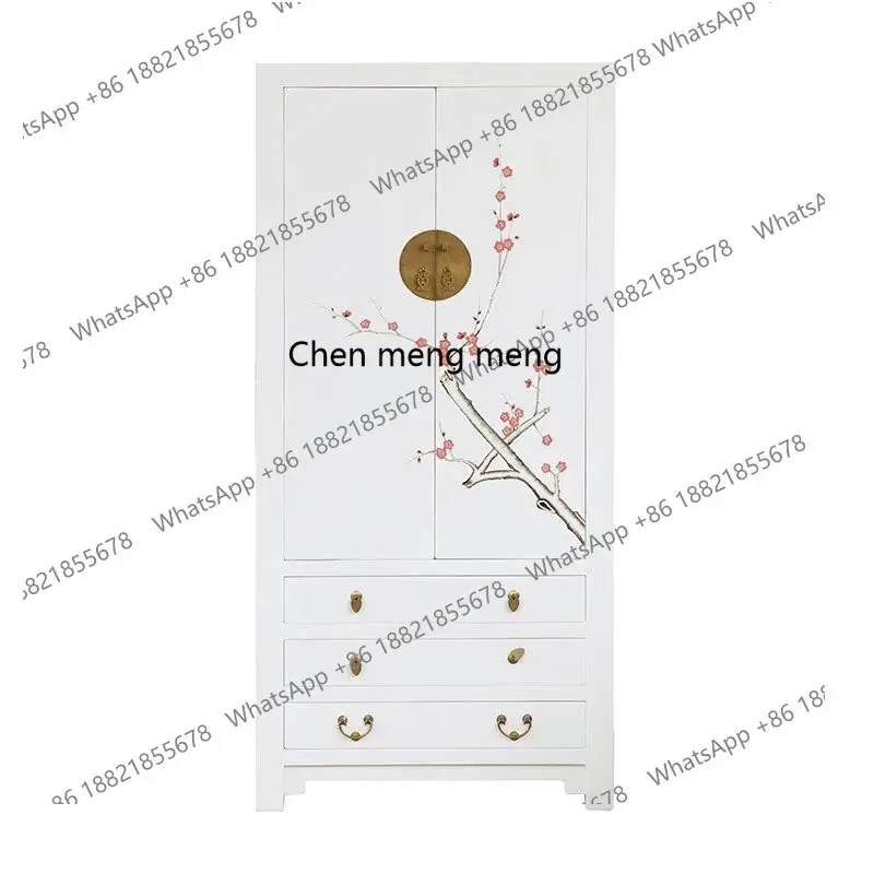 New Chinese elm hand-painted lotus large wardrobe simple antique painted vertical cabinet locker