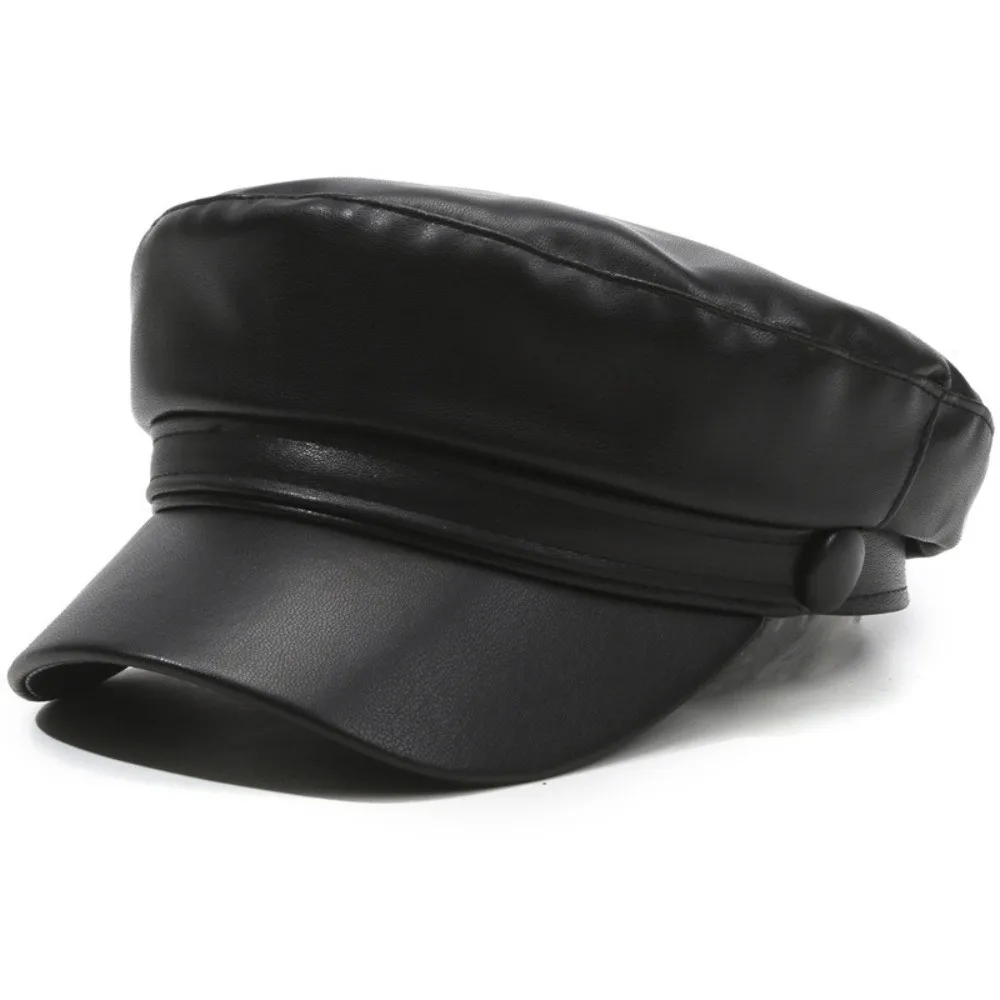 Retro Flat Top Beret Hat Black PU Leather Painter Hat Adjustable Punk Style Newsboy Cap
