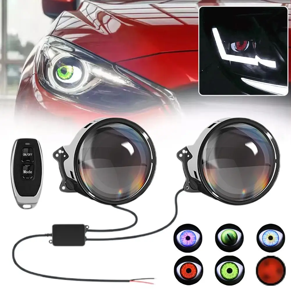 

12-36V 3 Inch Dynamic Devil Eyes LED Car Lights Convex Remote Lens Retrofit Auto Headlight Decoration Assembly Tools Contro V5B5