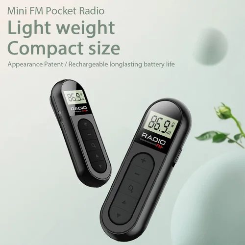 Imagen 1 del producto Mini receptor de Radio portátil FM de bolsillo con pantalla LCD retroiluminada, antena receptora de auriculares de 3,5mm, carga tipo c